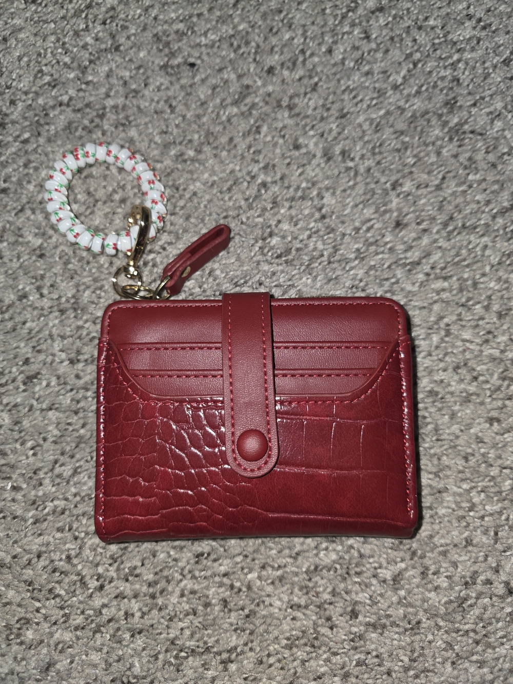 Red Croc-Embossed Card Holder Wallet | Beaded Wristlet Keychain